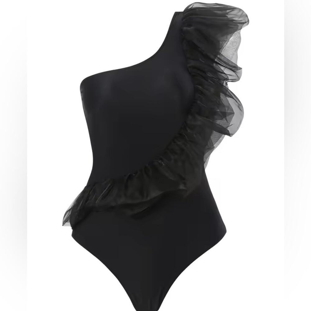 One Shoulder Black Ruffle Trim Swimsuit